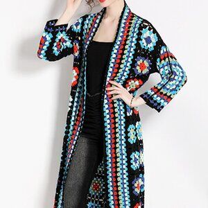 Bohemia Colored Plaid Granny Square Hand Crochet Open Front Long Cardigan, Blue